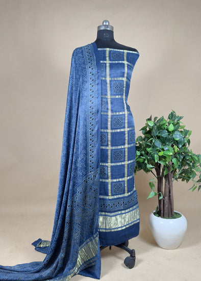 Midnight Blue Gharchola Unstitched Suit With Modal Silk