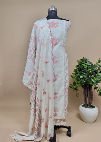 Peach Off White Cotton Embroidered Suit