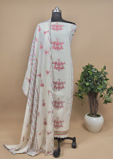 Pink Off White Cotton Embroidered Suit