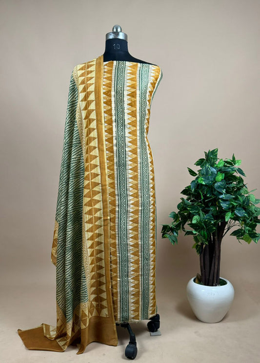 Green And Yellow Handblock Maheshwari Silk Unstitched With Zari Weaving