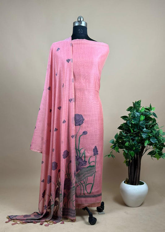 Pink Jamdani Weaving Unstitched Suit In Maheshwari