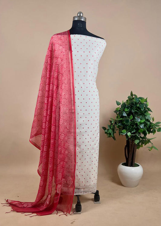 Red Handblock Kota Doria Dupatta Plain Bottom.