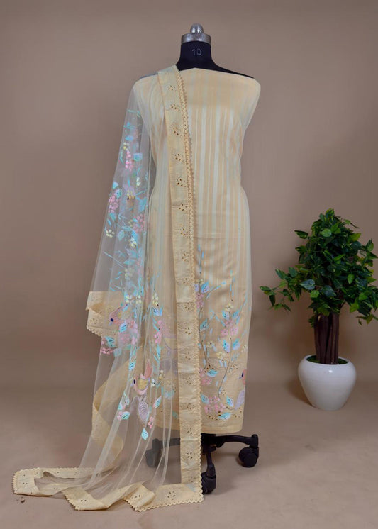 Pastel Yellow Unstitched Cotton Suit With Criss-Cross Embroidery