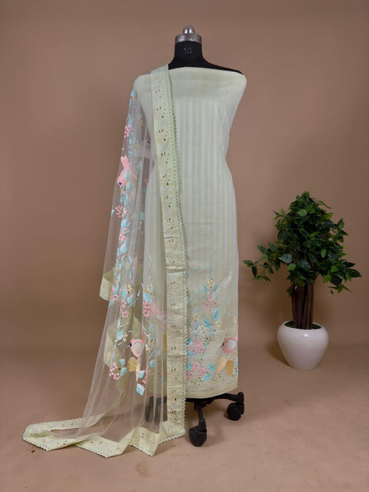 Pastel Green Unstitched Cotton Suit With Criss-Cross Embroidery