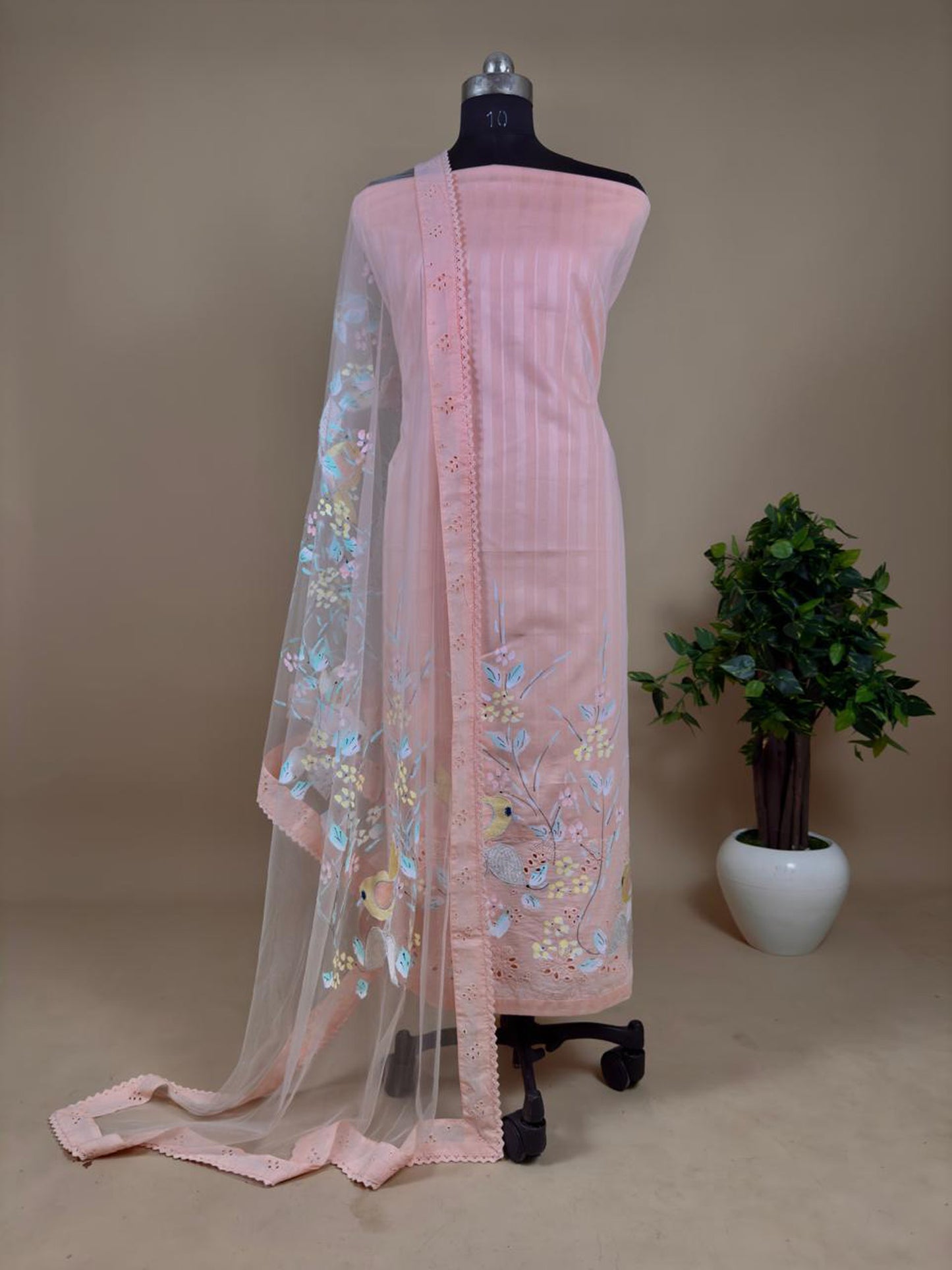 Pastel Pink Unstitched Cotton Suit With Criss-Cross Embroidery