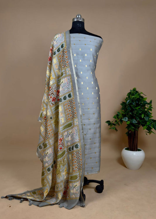 Greyish Blue Banarasi Chanderi Unstitched Suit With Pichwai Dupatta