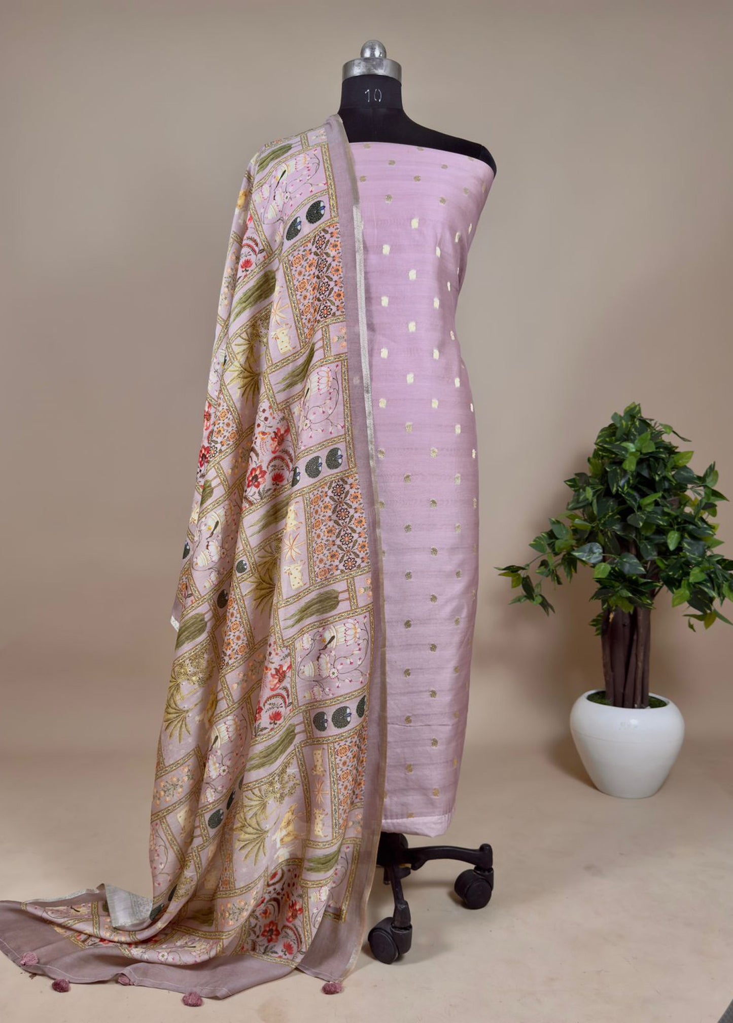 Mauvish Pink Banarasi Chanderi Unstitched Suit With Pichwai Dupatta