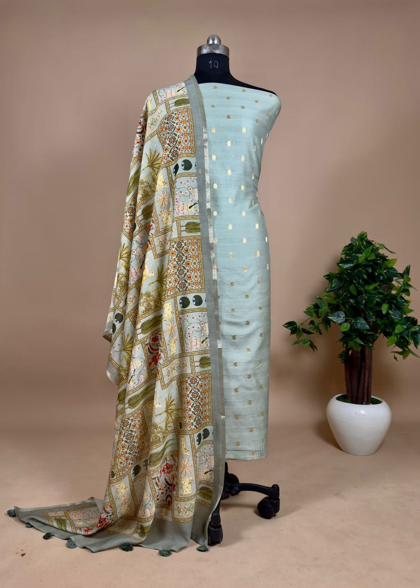 Green Banarasi Chanderi Unstitched Suit With Pichwai Dupatta