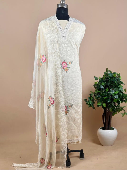 Embroidered Kota Doria suit With Organza Dupatta