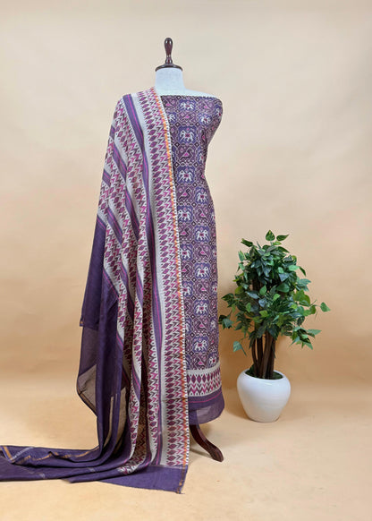 Violet Affair Pure Maheshwari Silk Suit Fabric With Patola And Ikkat Print