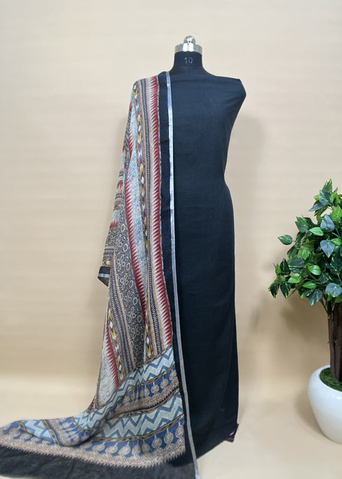 Black Linen Unstitched With Contrast Dupatta