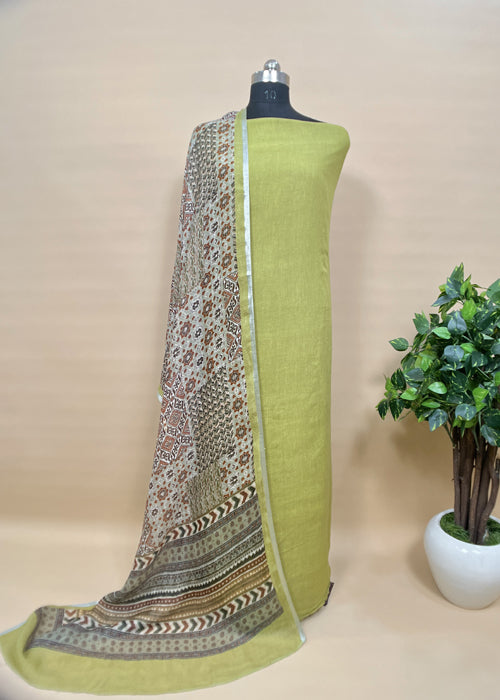 Green Linen Unstitched With Contrast Dupatta
