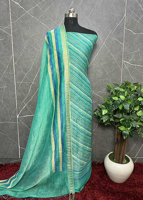 Green Unstitched Green Lehariya Linen Silk Suit With Dupatta