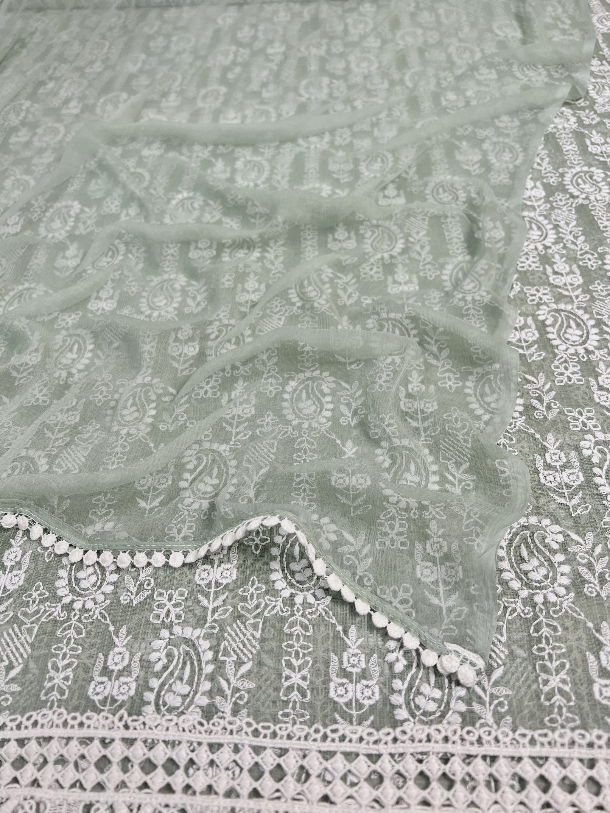 3 pc Unstitched SET -Sage Kota Doria Flower Embroidered Kurta with Dupatta and Cotton Pyjama