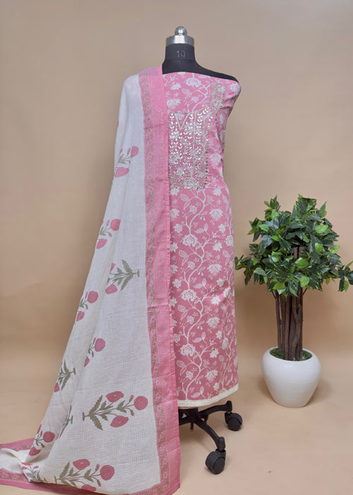 Pink Cotton Unstitched Salwar Suit