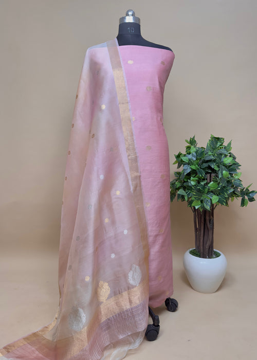 Pink Organza Banarasi Suit With Golden Zari Weaving