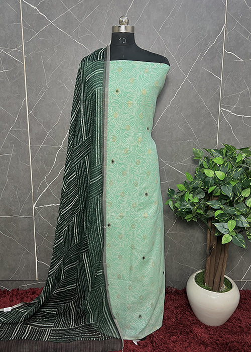 Green Embroidered Pure Linen Suit With Designer Dupatta