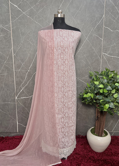 Embroidered Kota Doria Suit And Chiffon Suit In Pastel Shade