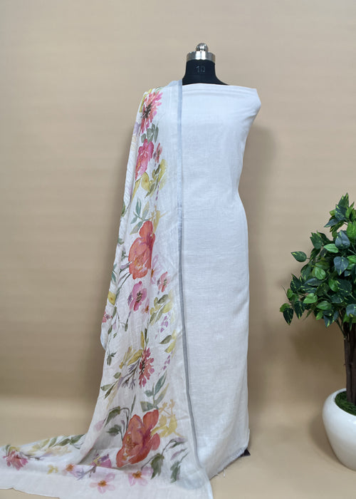 White Linen Unstitched With Contrast Dupatta