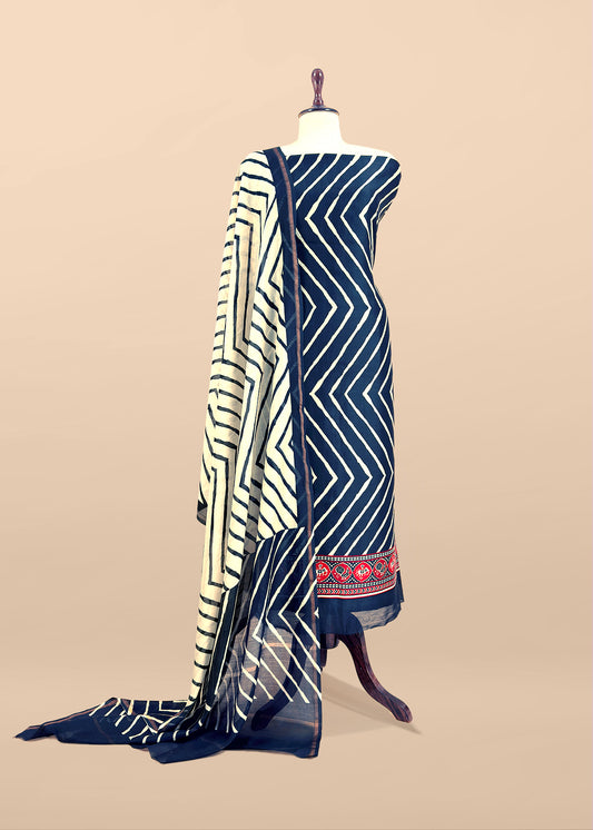 Blue Handloom Lehariya Maheshwari Silk Suit With Patola Border