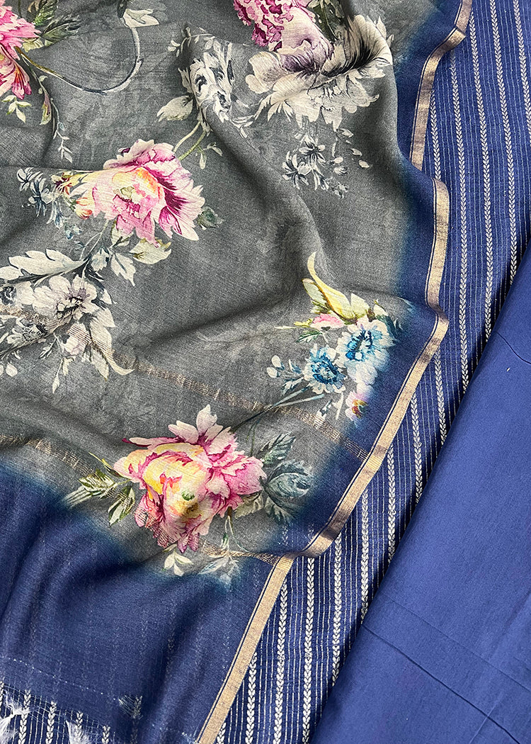 Blue Tussar Suit With Kalamkari Dupatta