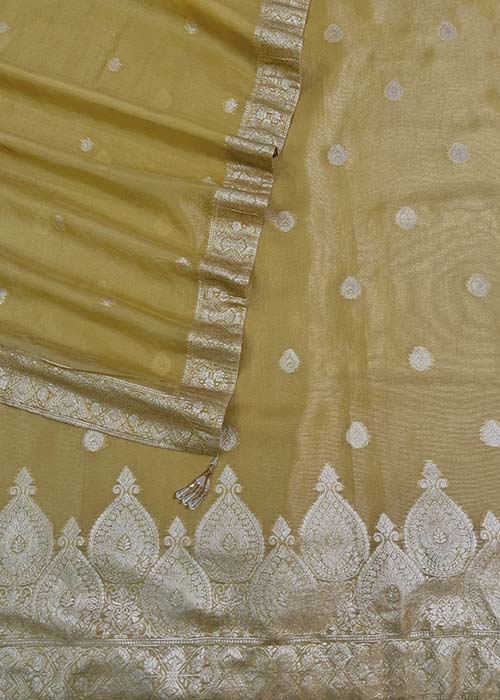 Greenish Yellow Pure Organza Tissue Suit With Resham Weaving