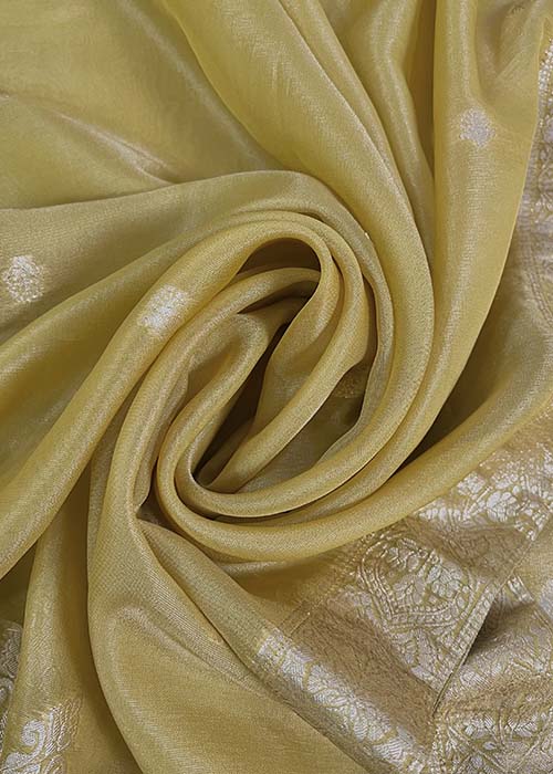 Greenish Yellow Pure Organza Tissue Suit With Resham Weaving