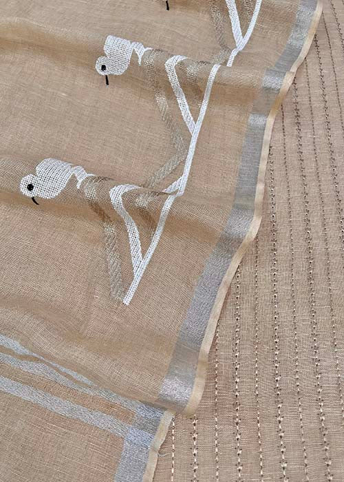 Beige Linen Suit With Kantha Chidiya Embroidery