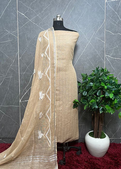 Parrot Green Linen Suit With Kantha Chidiya Embroidery