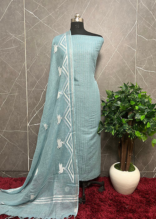 Parrot Green Linen Suit With Kantha Chidiya Embroidery