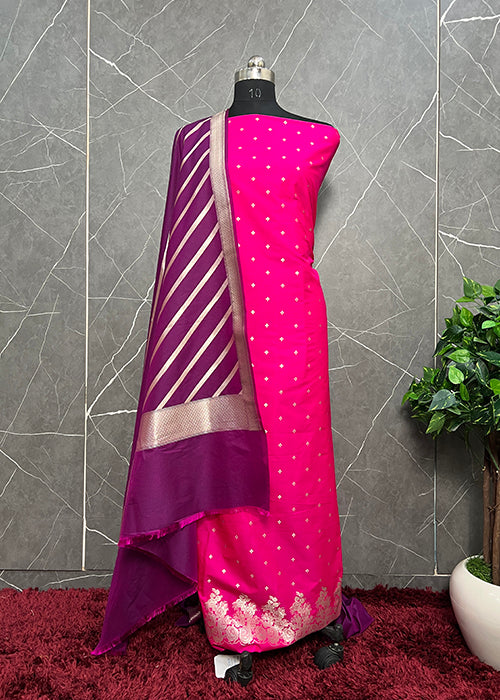 Pure Katan Silk Suit With Woven Bootis