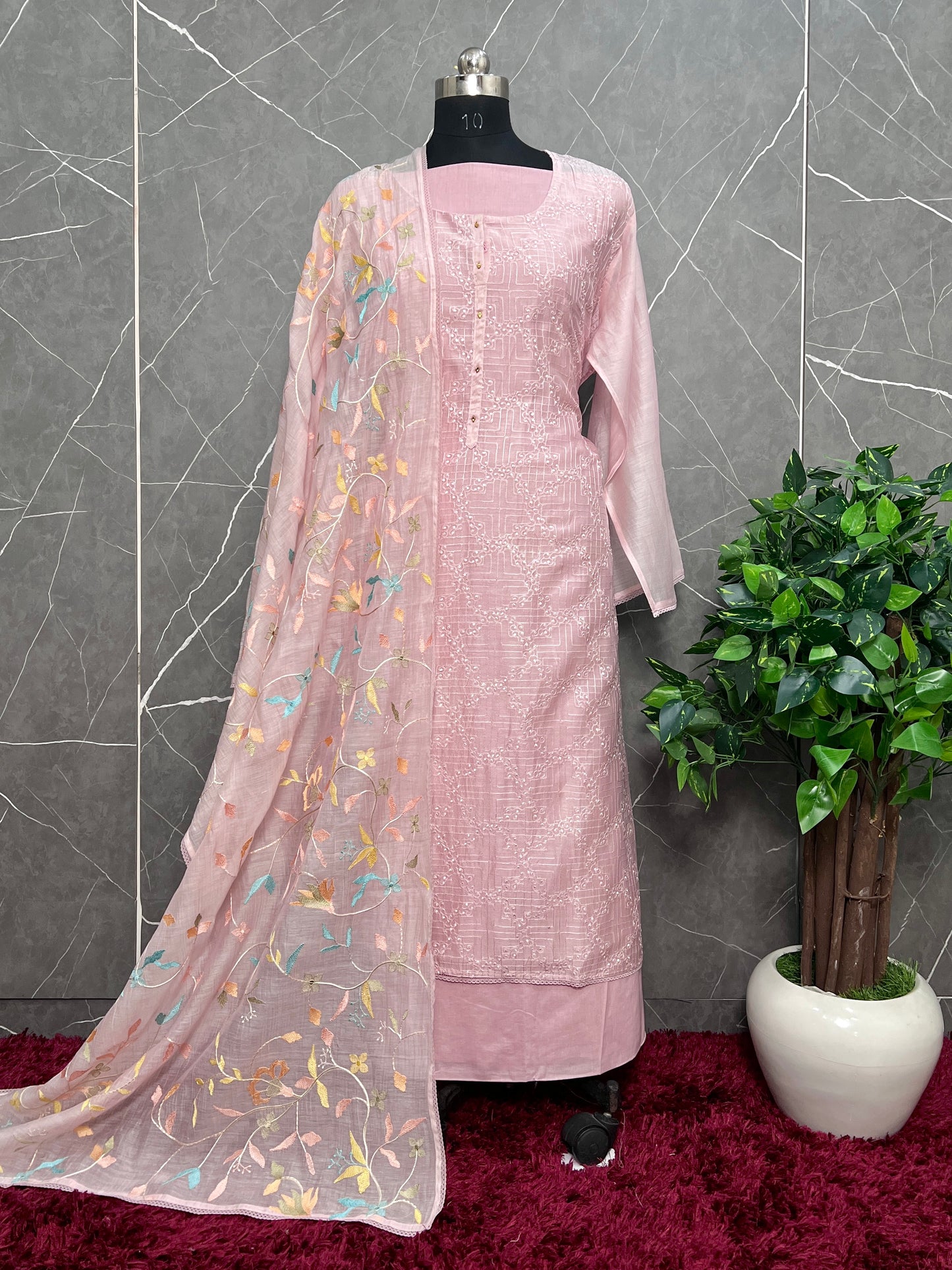 Unstitched Maheshwari Embroidered Suit With Criss Cross Stitching