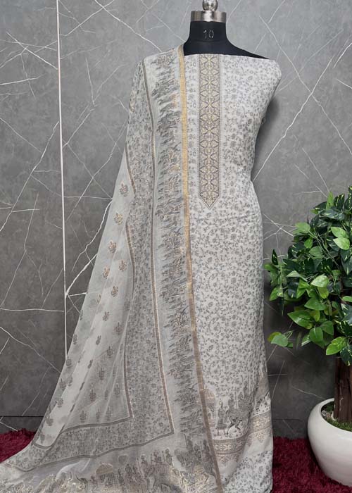 Grey Cotton Silk Suit With Zari Weaving